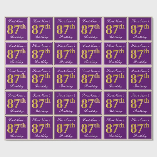 Elegant, Purple, Faux Gold 87th Birthday + Name Wrapping Paper (Flat)