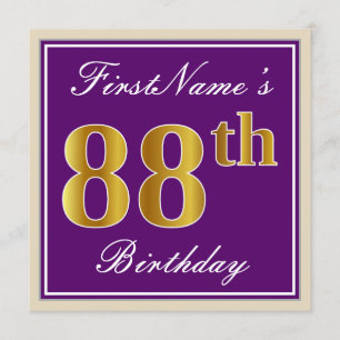 Elegant, Purple, Faux Gold 88th Birthday + Name Invitation