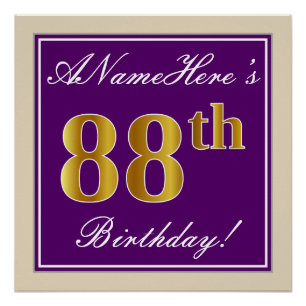 Elegant, Purple, Faux Gold 88th Birthday + Name Poster