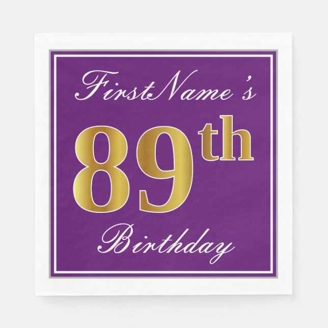 Elegant Purple, Faux Gold 89th Birthday + Name Napkin (Front)