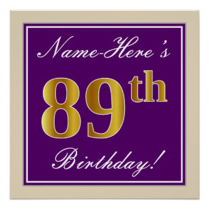 Elegant, Purple, Faux Gold 89th Birthday + Name Poster