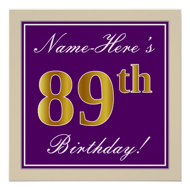 Elegant, Purple, Faux Gold 89th Birthday + Name Poster (Front)