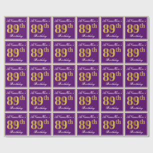 Elegant, Purple, Faux Gold 89th Birthday + Name Wrapping Paper