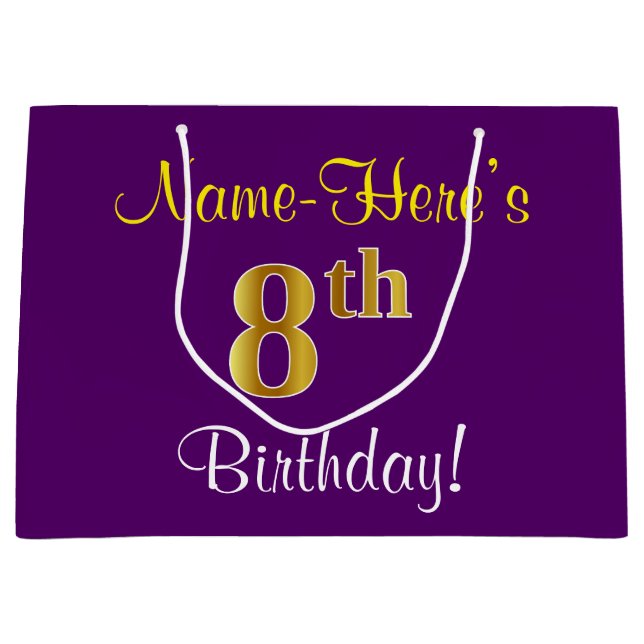 Elegant, Purple, Faux Gold 8th Birthday + Name Large Gift Bag (Front)