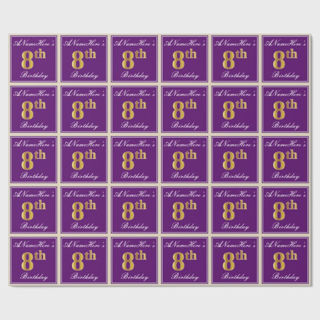 Elegant, Purple, Faux Gold 8th Birthday + Name Wrapping Paper (Flat)