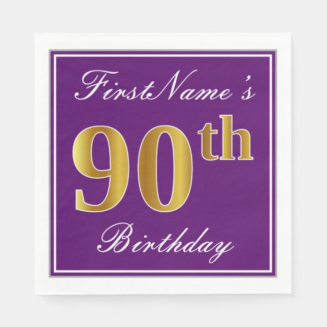 Elegant Purple, Faux Gold 90th Birthday + Name Napkin (Front)