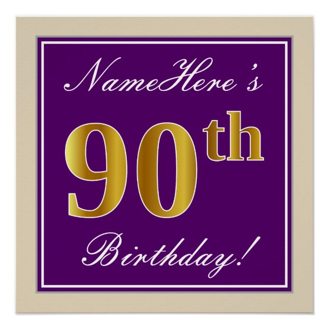 Elegant, Purple, Faux Gold 90th Birthday + Name Poster (Front)