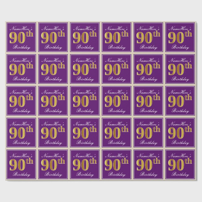 Elegant, Purple, Faux Gold 90th Birthday + Name Wrapping Paper (Flat)