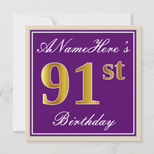 Elegant, Purple, Faux Gold 91st Birthday + Name Invitation