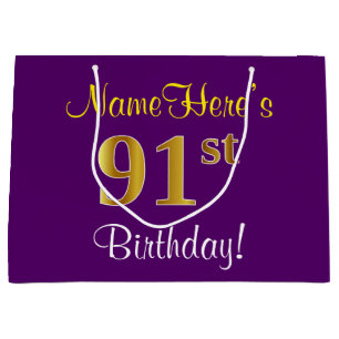 Elegant, Purple, Faux Gold 91st Birthday + Name Large Gift Bag