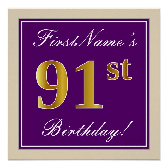 Elegant, Purple, Faux Gold 91st Birthday + Name Poster (Front)