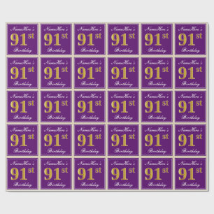 Elegant, Purple, Faux Gold 91st Birthday + Name Wrapping Paper