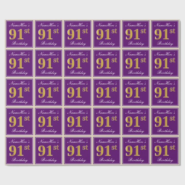 Elegant, Purple, Faux Gold 91st Birthday + Name Wrapping Paper (Flat)