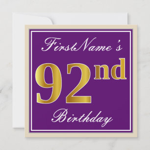 Elegant, Purple, Faux Gold 92nd Birthday + Name Invitation