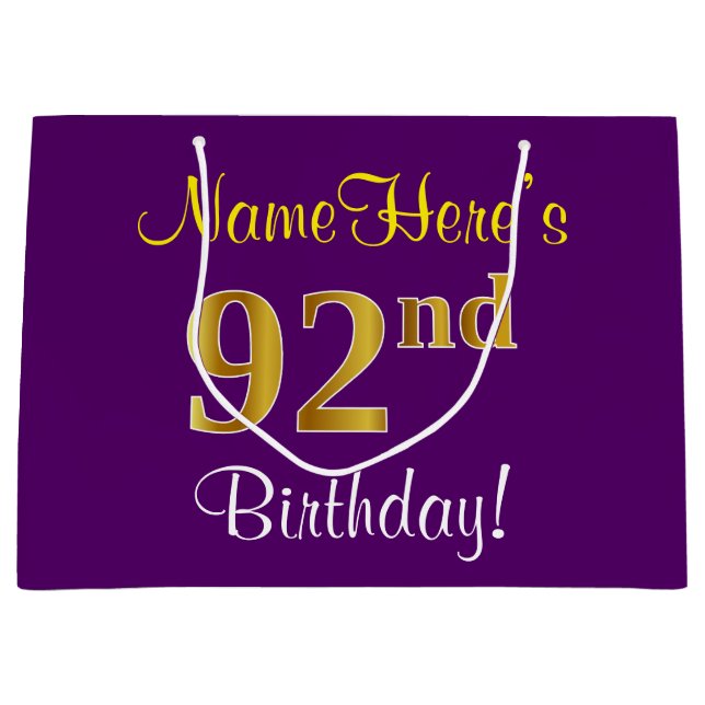 Elegant, Purple, Faux Gold 92nd Birthday + Name Large Gift Bag (Front)