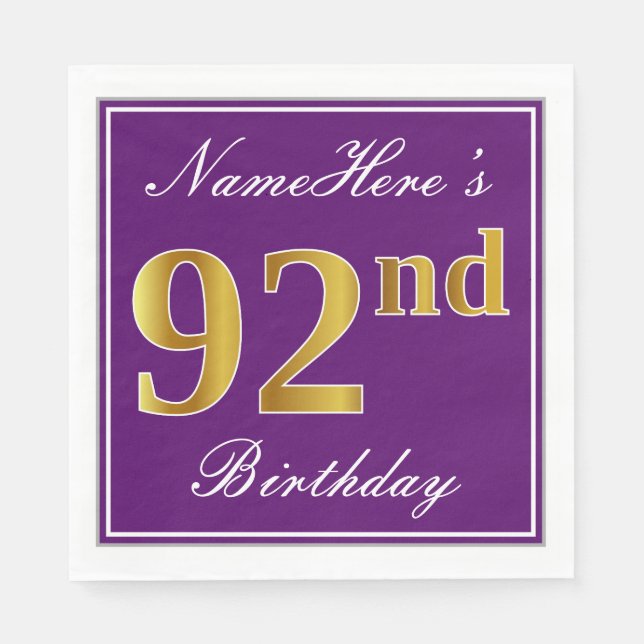 Elegant Purple, Faux Gold 92nd Birthday + Name Napkin (Front)