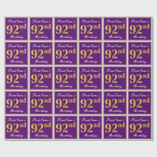 Elegant, Purple, Faux Gold 92nd Birthday + Name Wrapping Paper