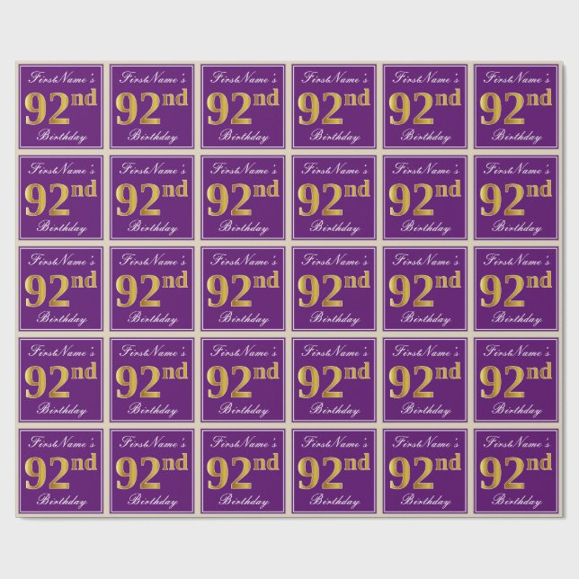Elegant, Purple, Faux Gold 92nd Birthday + Name Wrapping Paper (Flat)