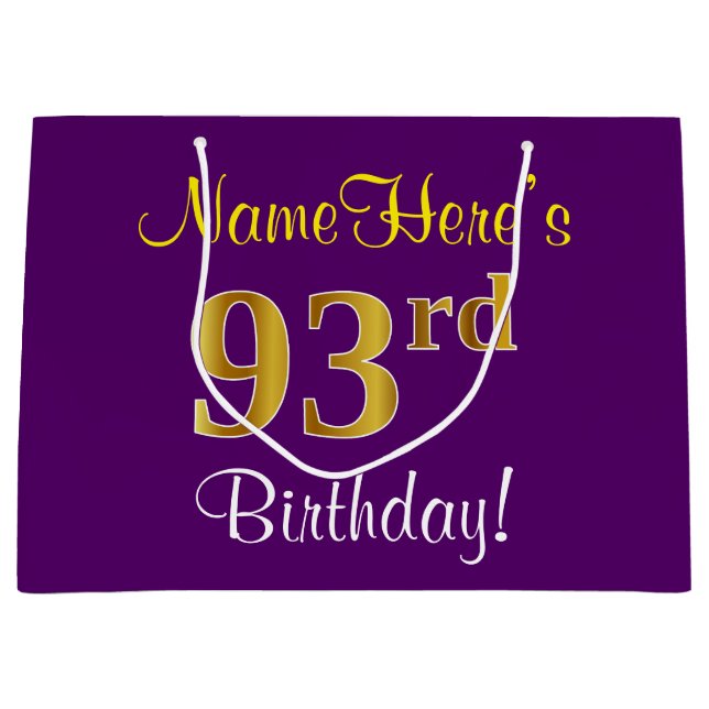 Elegant, Purple, Faux Gold 93rd Birthday + Name Large Gift Bag (Front)