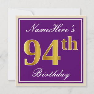 Elegant, Purple, Faux Gold 94th Birthday + Name Invitation