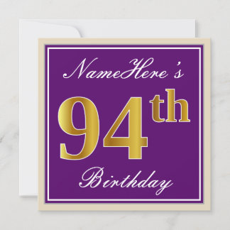 Elegant, Purple, Faux Gold 94th Birthday + Name Invitation