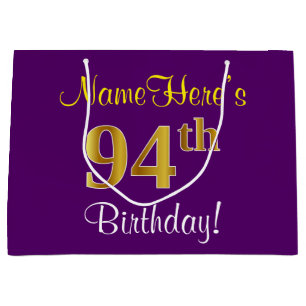 Elegant, Purple, Faux Gold 94th Birthday + Name Large Gift Bag