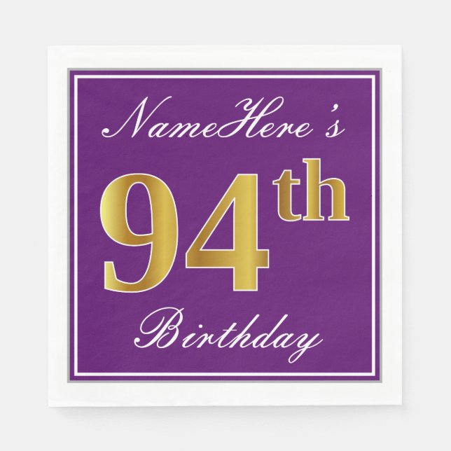 Elegant Purple, Faux Gold 94th Birthday + Name Napkin (Front)