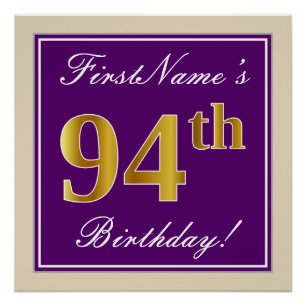 Elegant, Purple, Faux Gold 94th Birthday + Name Poster