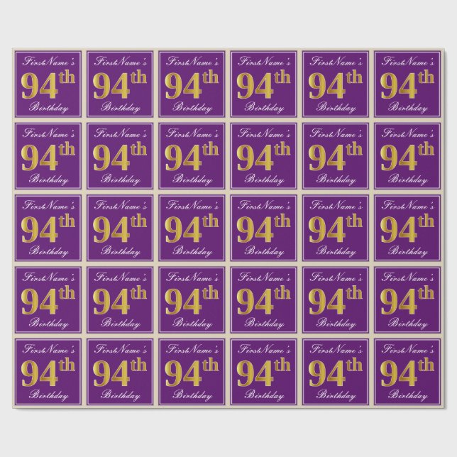 Elegant, Purple, Faux Gold 94th Birthday + Name Wrapping Paper (Flat)