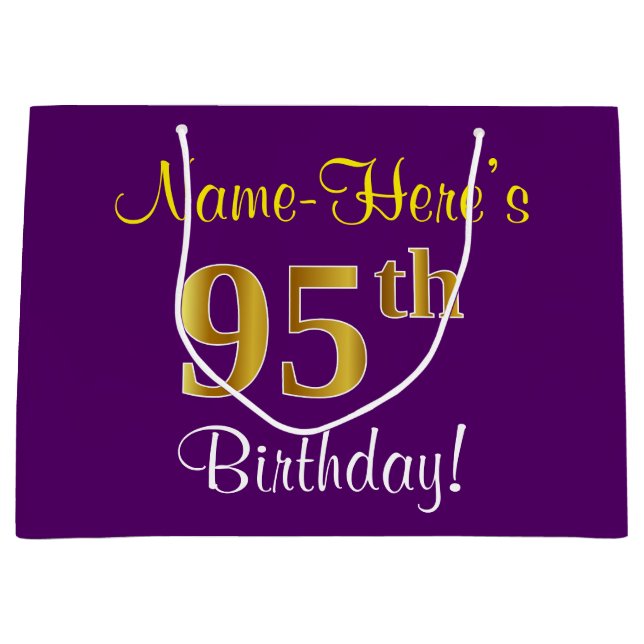 Elegant, Purple, Faux Gold 95th Birthday + Name Large Gift Bag (Front)
