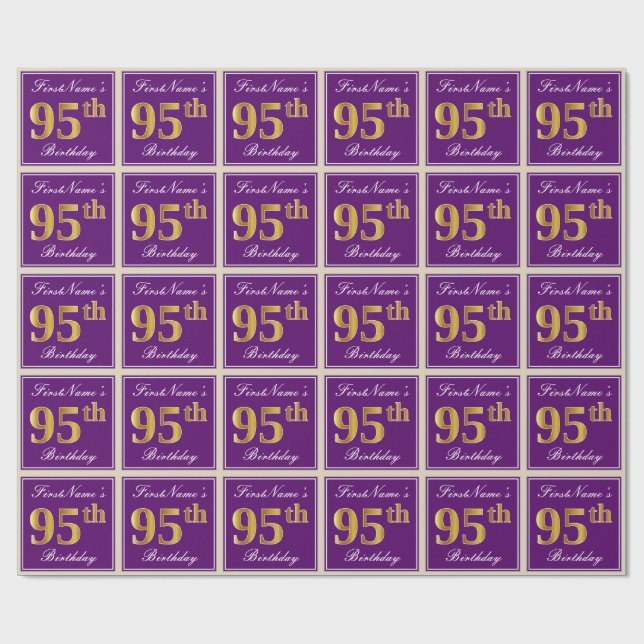 Elegant, Purple, Faux Gold 95th Birthday + Name Wrapping Paper (Flat)