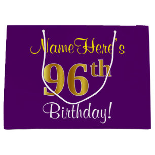 Elegant, Purple, Faux Gold 96th Birthday + Name Large Gift Bag