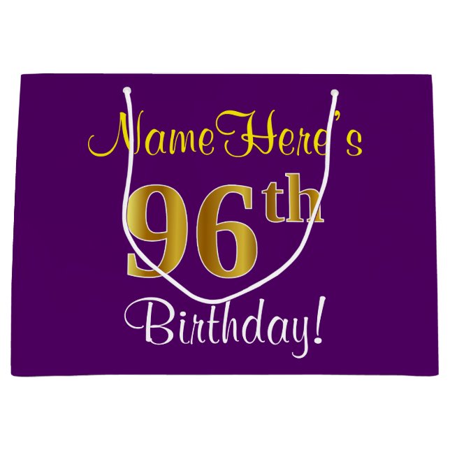 Elegant, Purple, Faux Gold 96th Birthday + Name Large Gift Bag (Front)