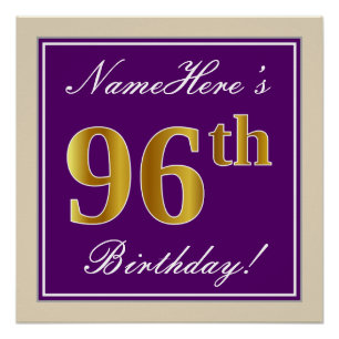 Elegant, Purple, Faux Gold 96th Birthday + Name Poster