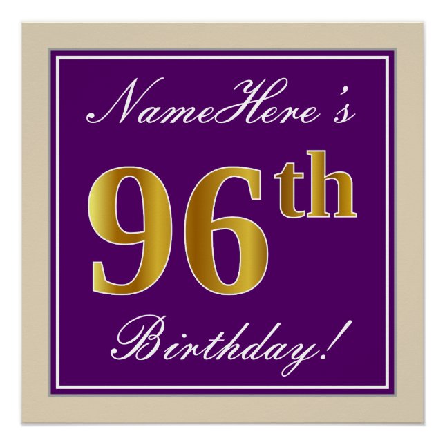 Elegant, Purple, Faux Gold 96th Birthday + Name Poster (Front)