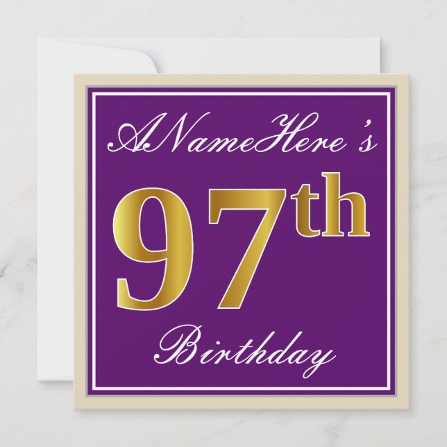 Elegant, Purple, Faux Gold 97th Birthday + Name Invitation (Front)