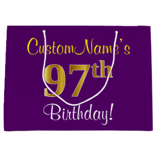 Elegant, Purple, Faux Gold 97th Birthday + Name Large Gift Bag