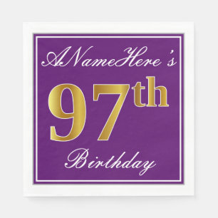 Elegant Purple, Faux Gold 97th Birthday + Name Napkin