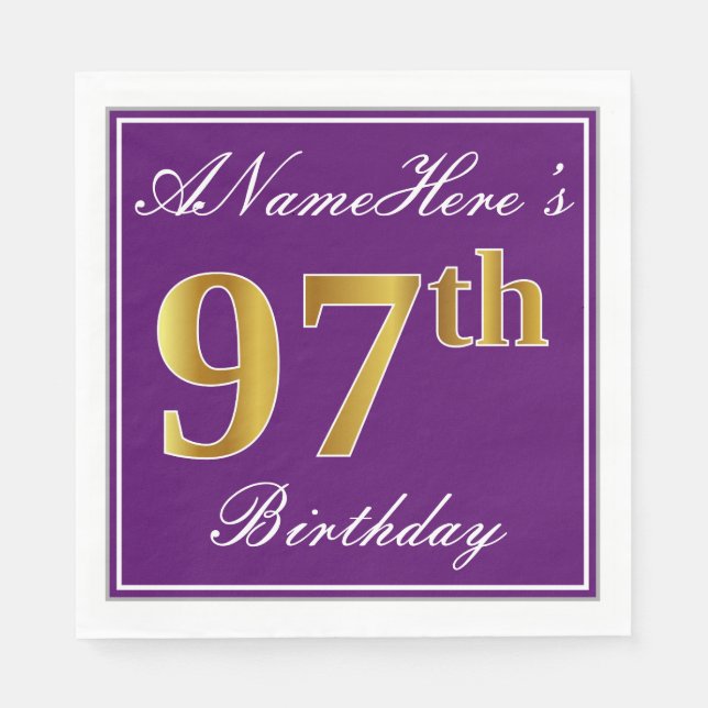 Elegant Purple, Faux Gold 97th Birthday + Name Napkin (Front)