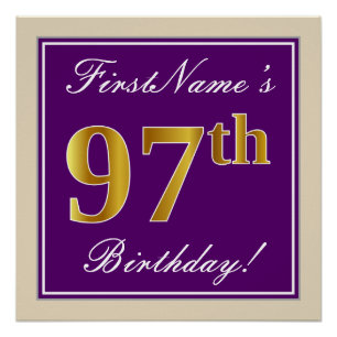 Elegant, Purple, Faux Gold 97th Birthday + Name Poster