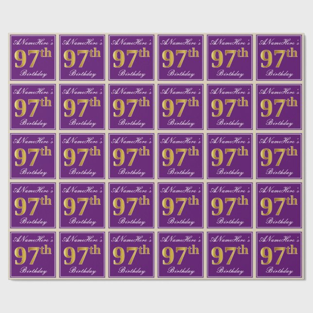 Elegant, Purple, Faux Gold 97th Birthday + Name Wrapping Paper (Flat)