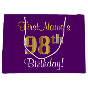 Elegant, Purple, Faux Gold 98th Birthday + Name Large Gift Bag