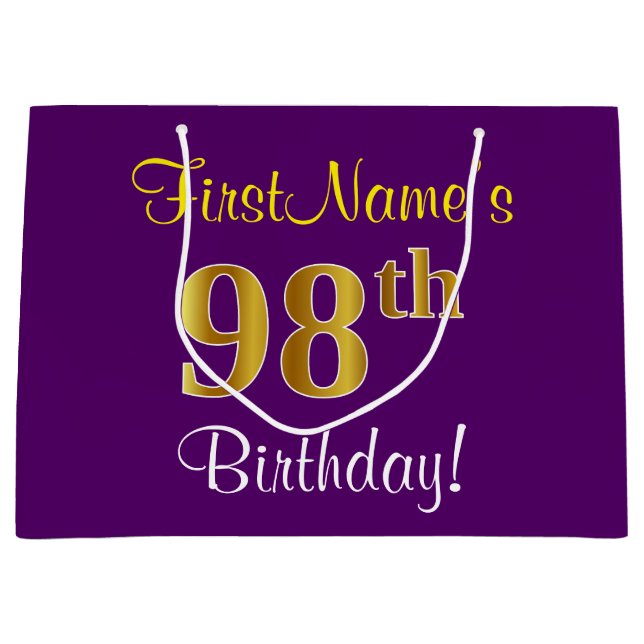 Elegant, Purple, Faux Gold 98th Birthday + Name Large Gift Bag (Front)