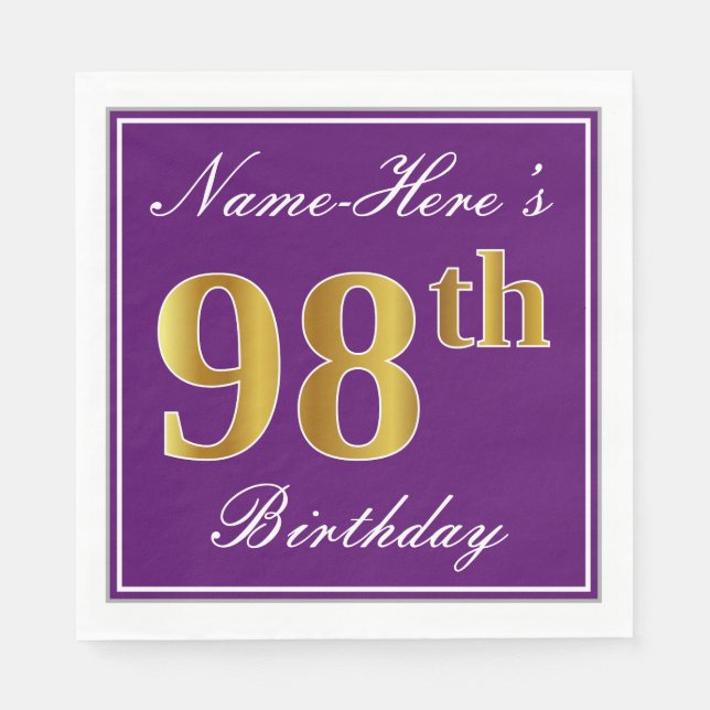 Elegant Purple, Faux Gold 98th Birthday + Name Napkin (Front)