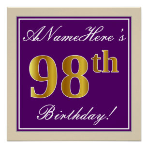 Elegant, Purple, Faux Gold 98th Birthday + Name Poster
