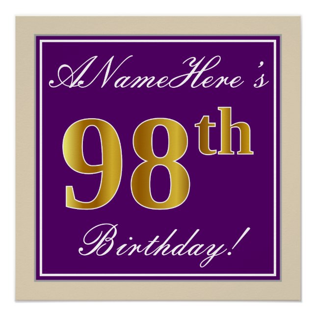 Elegant, Purple, Faux Gold 98th Birthday + Name Poster (Front)