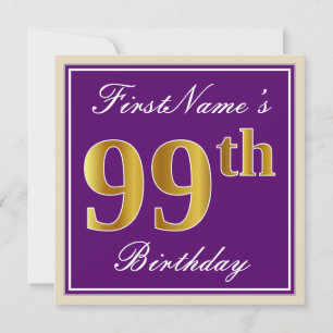 Elegant, Purple, Faux Gold 99th Birthday + Name Invitation