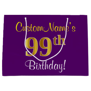 Elegant, Purple, Faux Gold 99th Birthday + Name Large Gift Bag