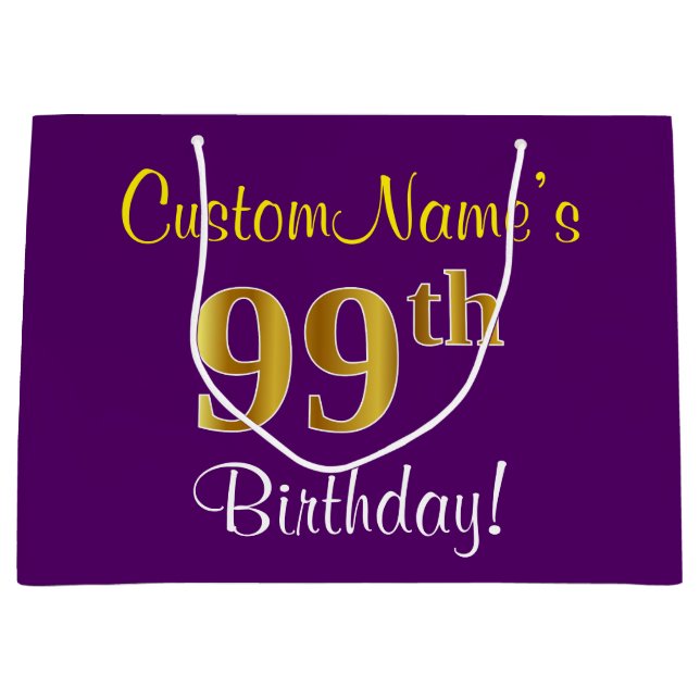 Elegant, Purple, Faux Gold 99th Birthday + Name Large Gift Bag (Front)