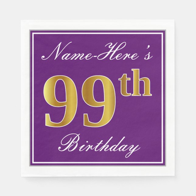 Elegant Purple, Faux Gold 99th Birthday + Name Napkin (Front)